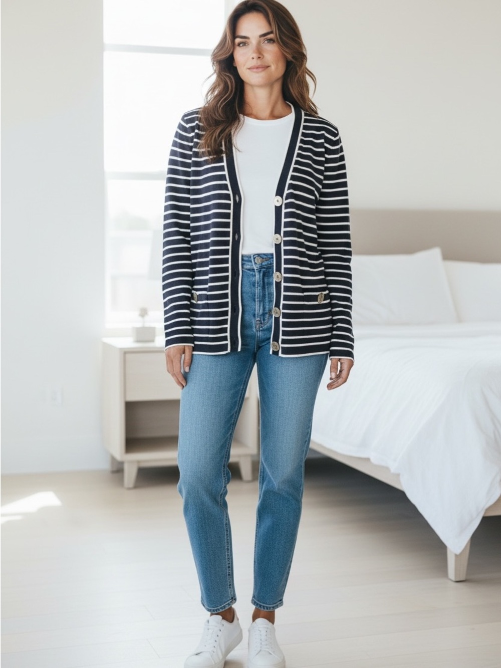 Jones New York Navy and White Striped Button-Front V-Neck Cardigan SZM
